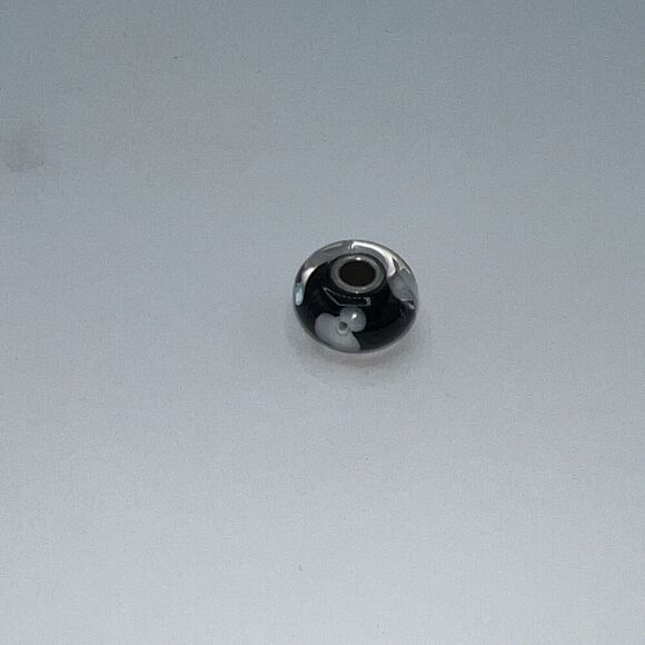 Trollbeads 925 Glass Black & White Floral Single Bead Charm - Picture 1 of 5